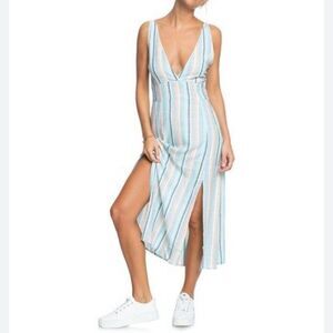 Roxy Young Athena Midi Dress Size S Blue Orange Striped V-Neck Sundress